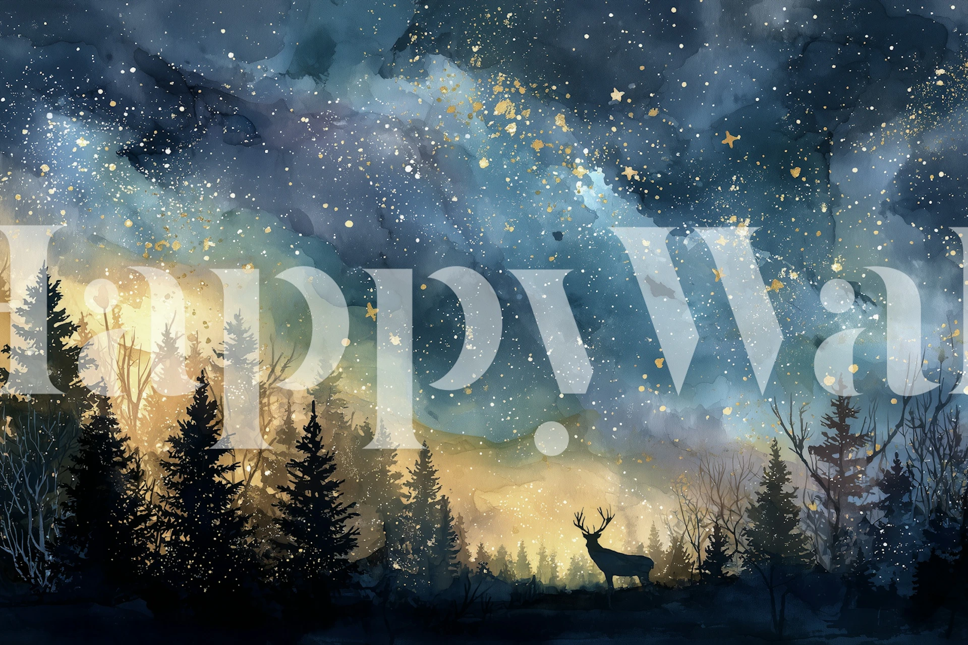 Dark forest and starry night sky wall mural in blue and gold tones