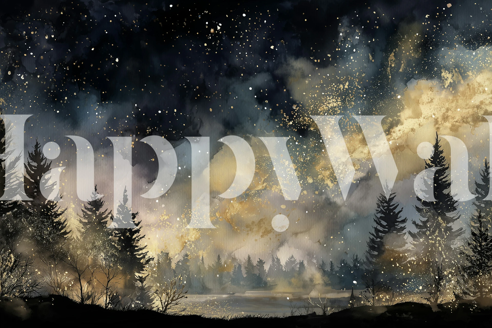 Starry night forest with dark blue hues and golden accents wallpaper