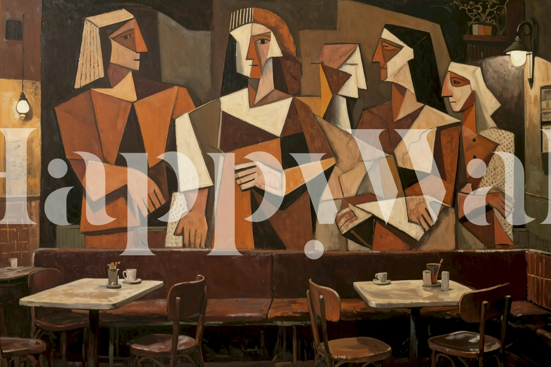 Cubist style mural of cafe girls with earthy tones and geometric shapes wallpaper
