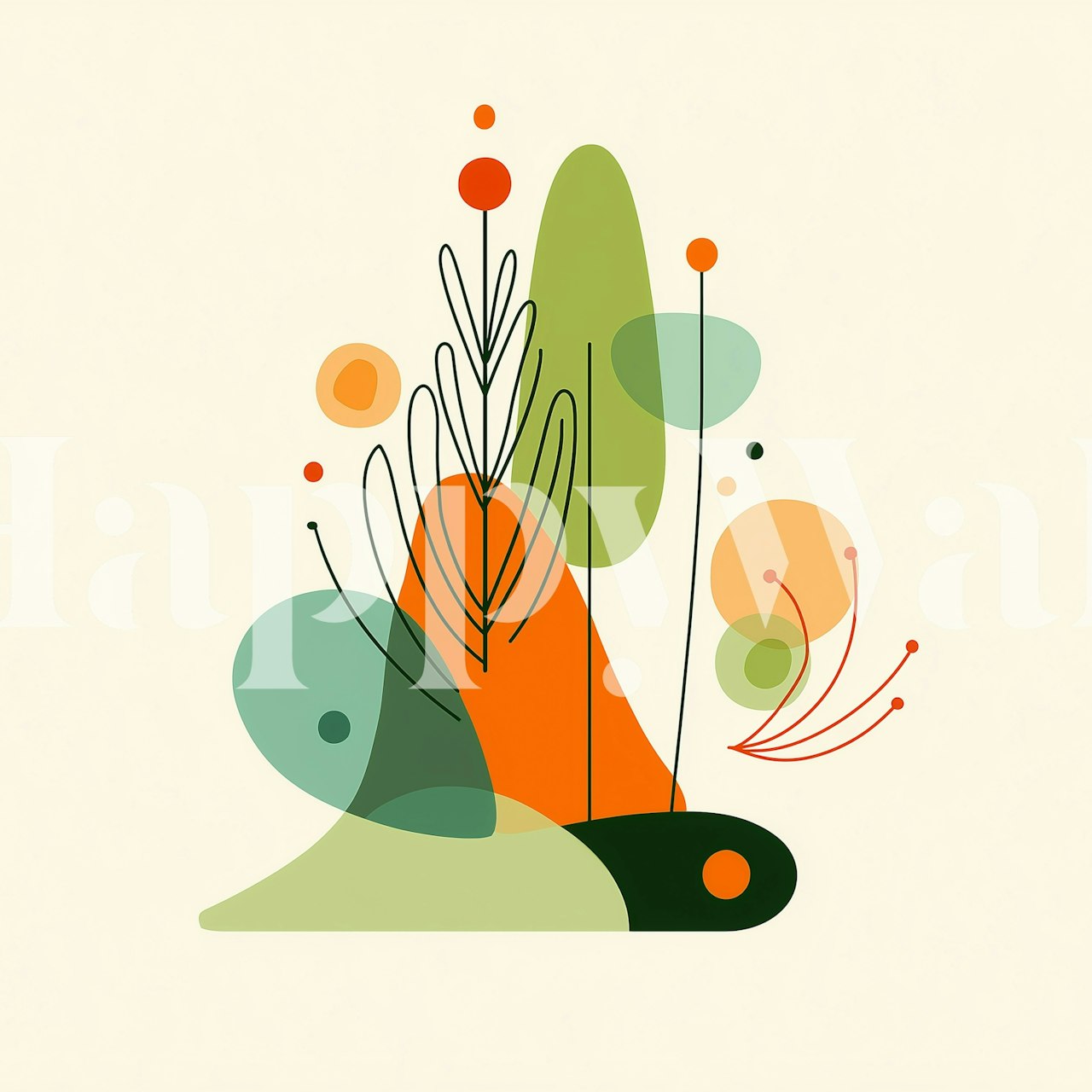 Abstract nature design with green, orange shapes and lines wallpaper