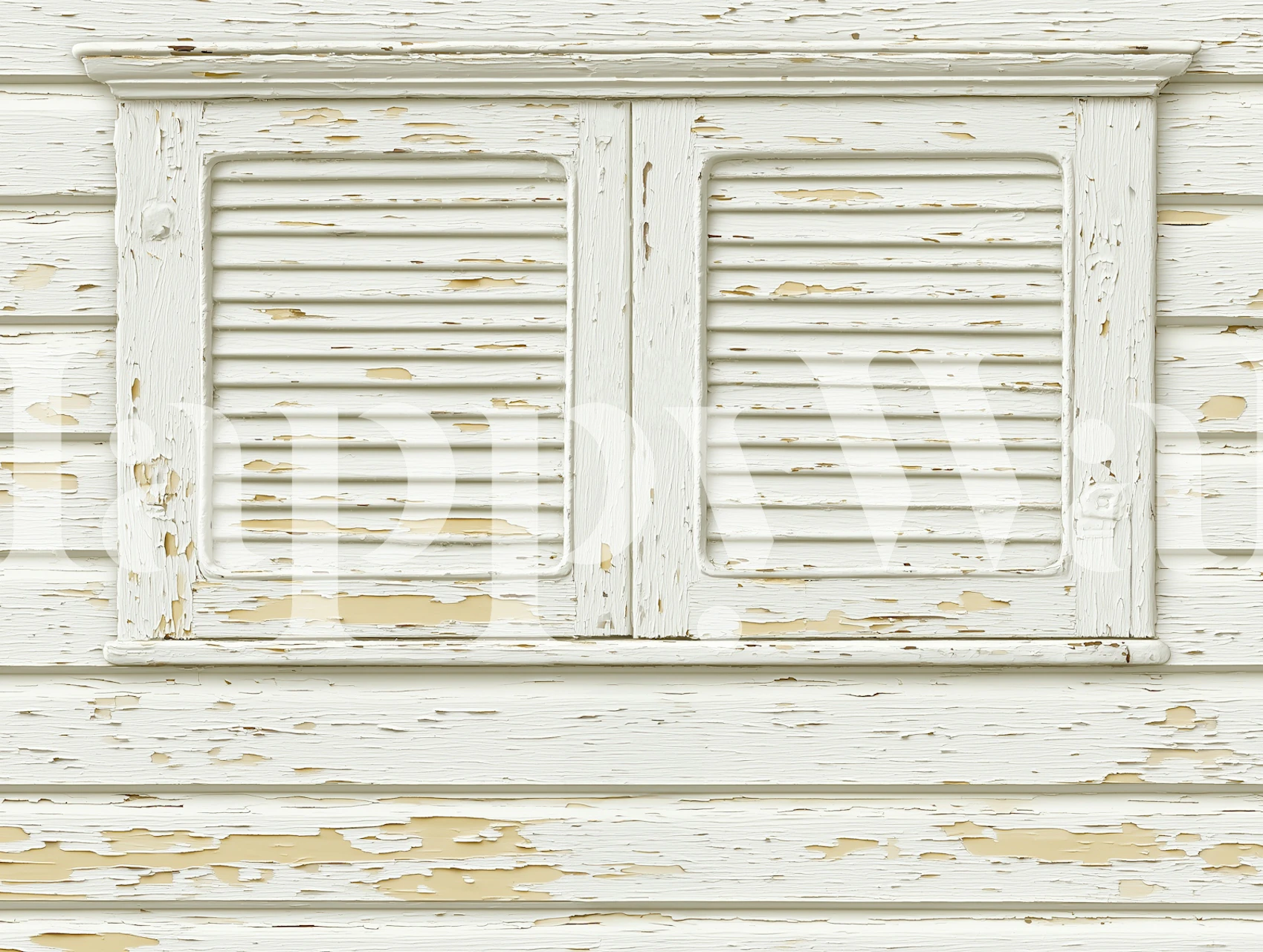 Vintage white wooden shutters on a textured wallpaper