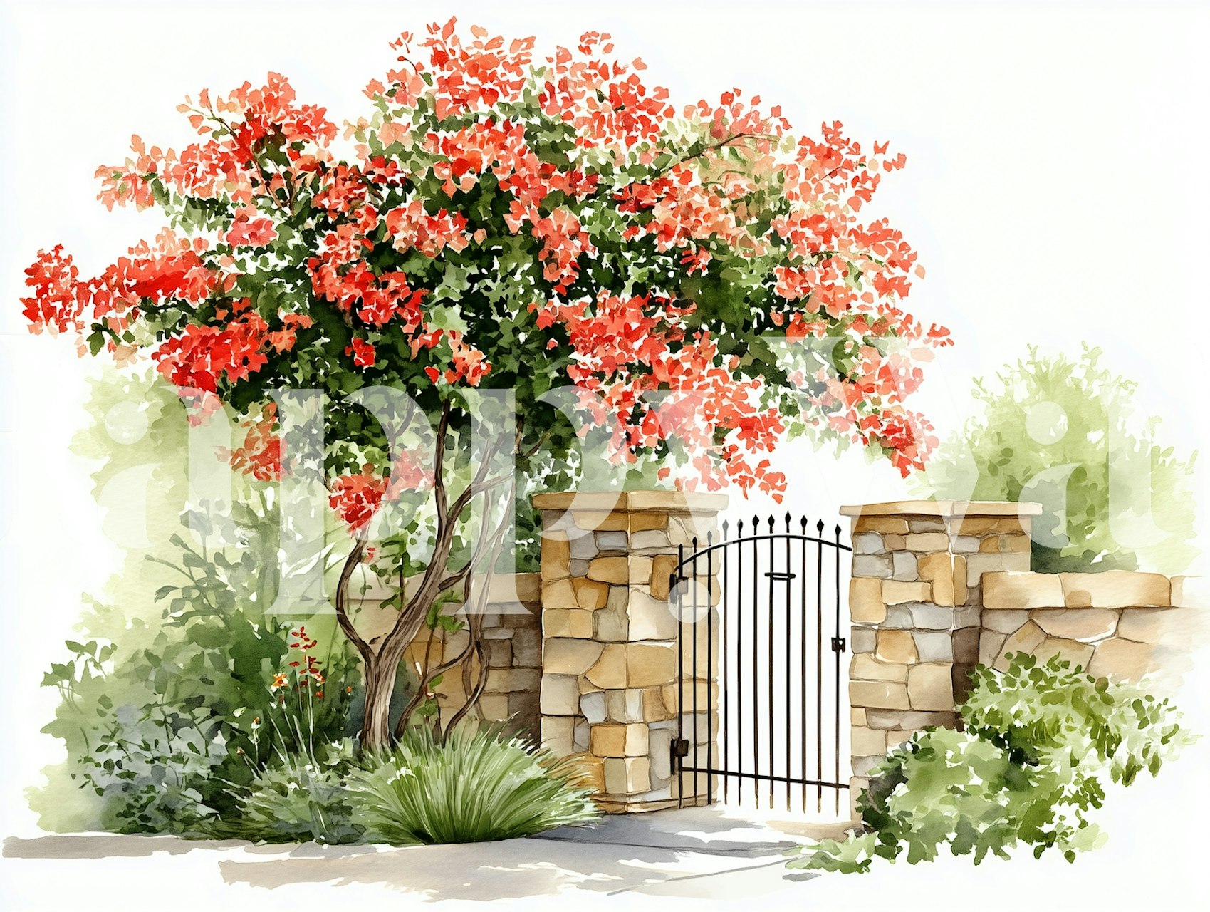 Bougainvillea flowers, stone gate, lush greenery wallpaper