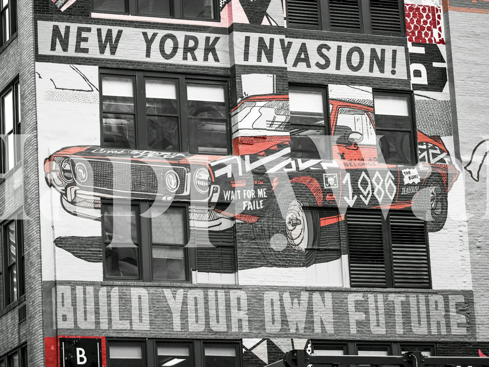 Bold New York Invasion mural design featuring a red car and text. Urban graphic wallpaper.