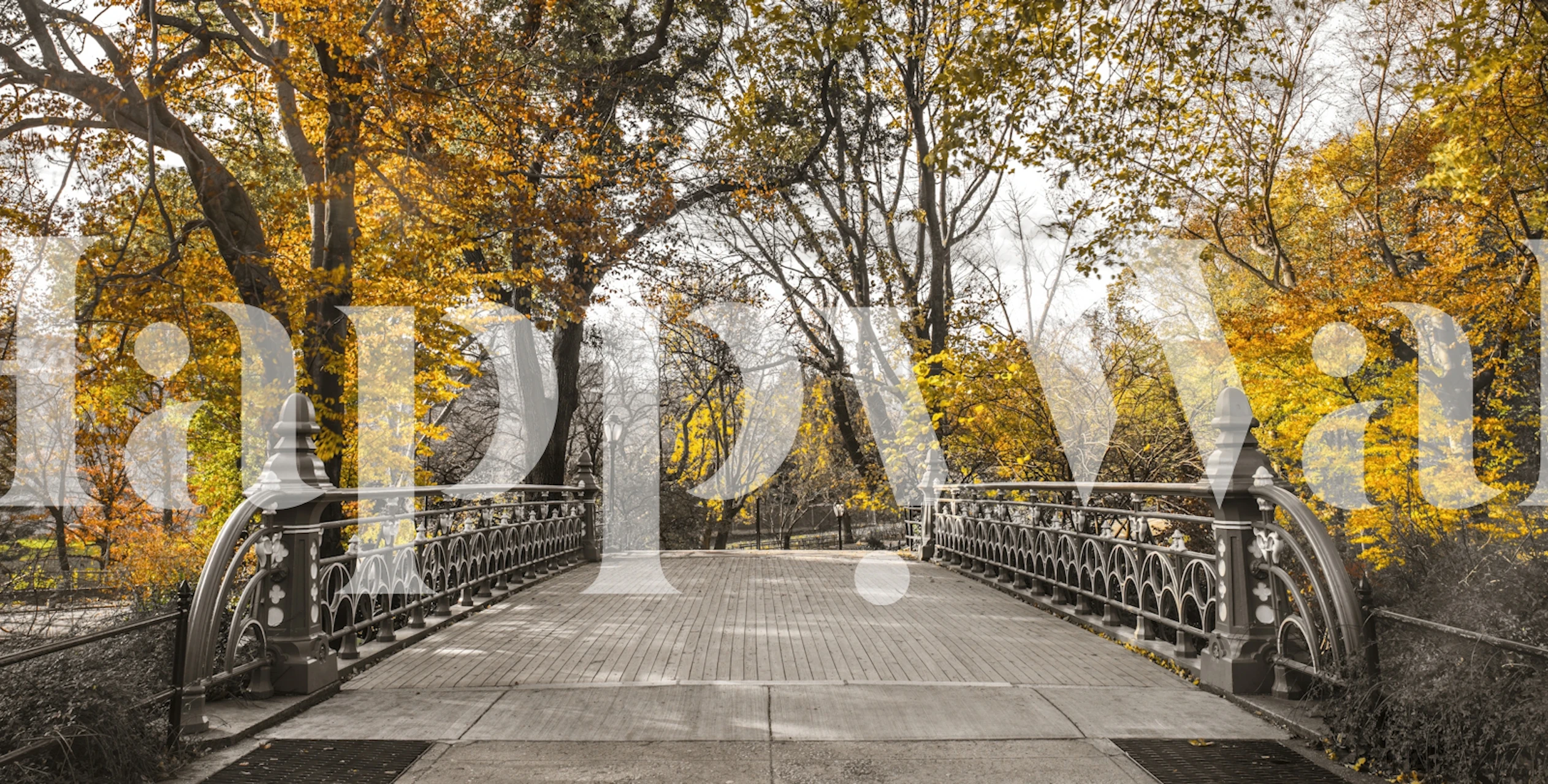 Autumn trees and a bridge in gray and yellow wallpaper
