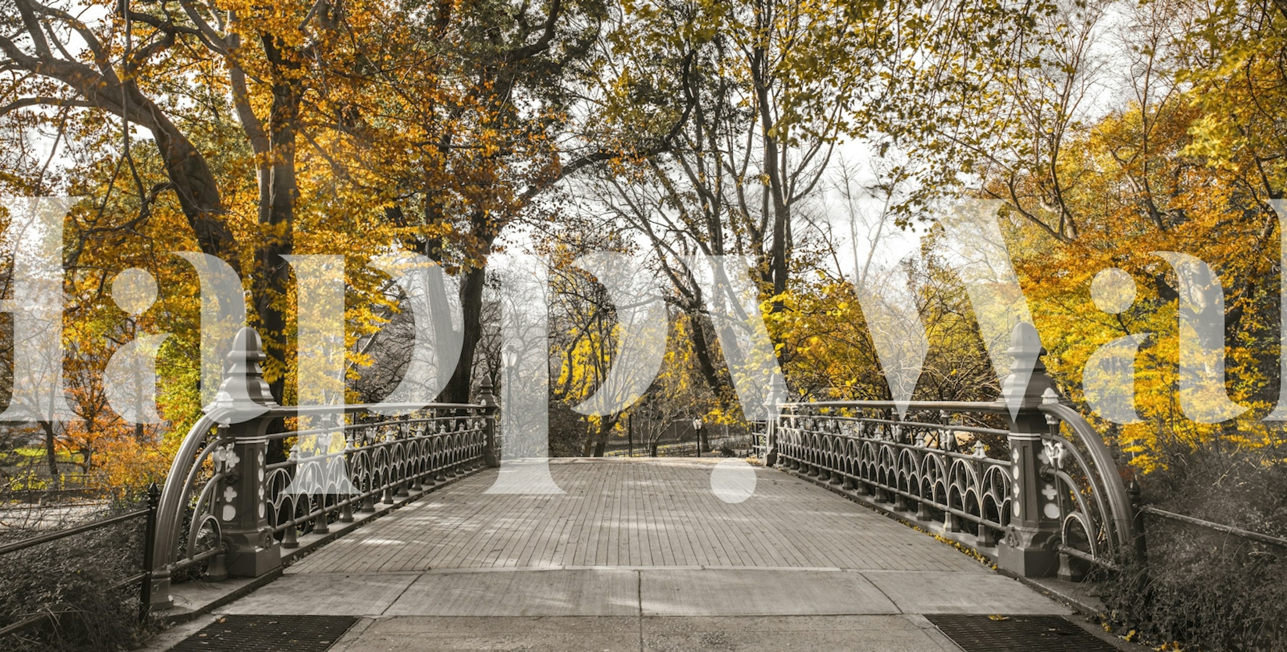 Autumn trees and a bridge in gray and yellow wallpaper