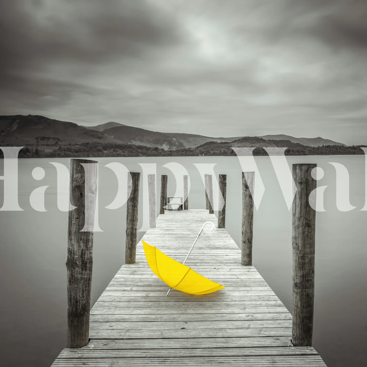 Black and white landscape with yellow umbrella wallpaper
