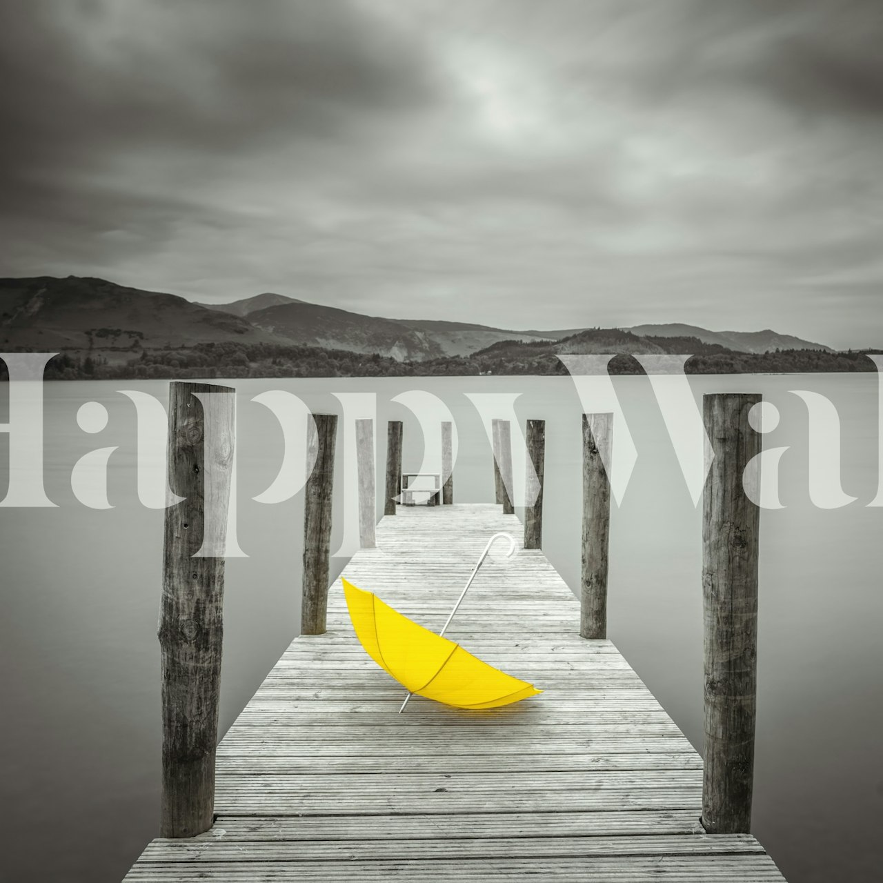 Black and white landscape with yellow umbrella wallpaper
