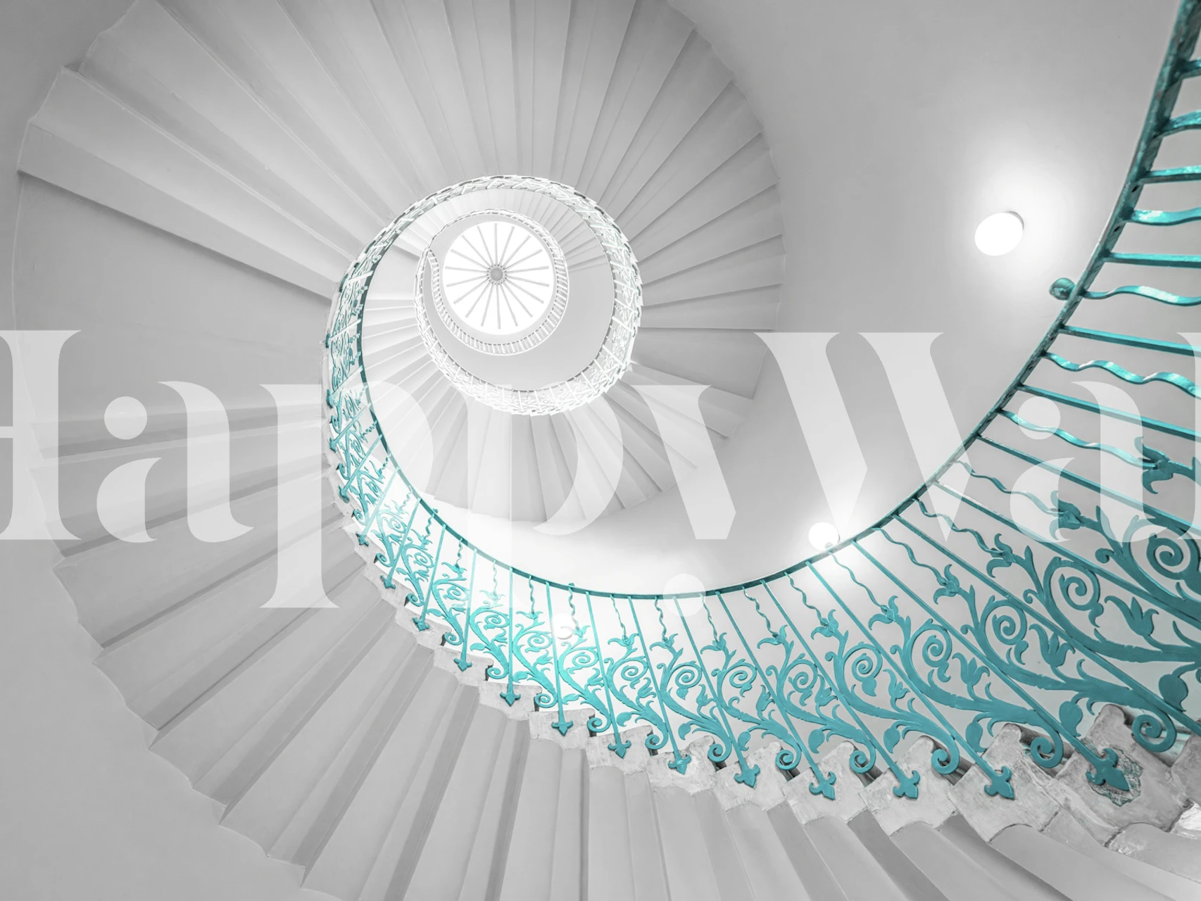 Teal staircase spiral with ornate white steps wallpaper