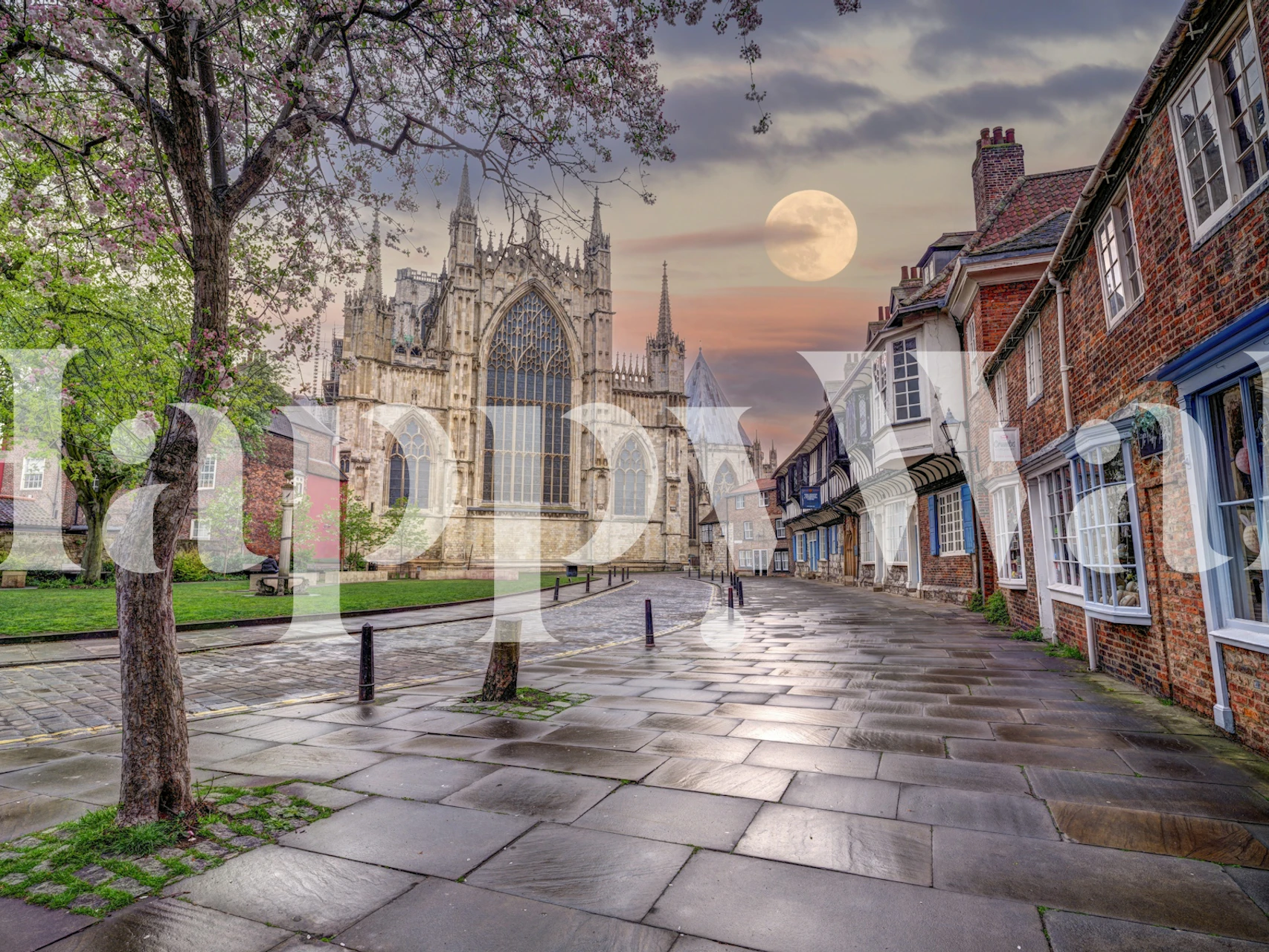 Historic architecture, blooming trees, moonlit city wallpaper