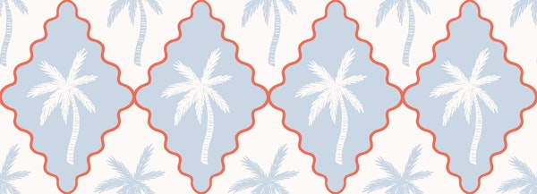 Scalloped diamonds with palms - red blue