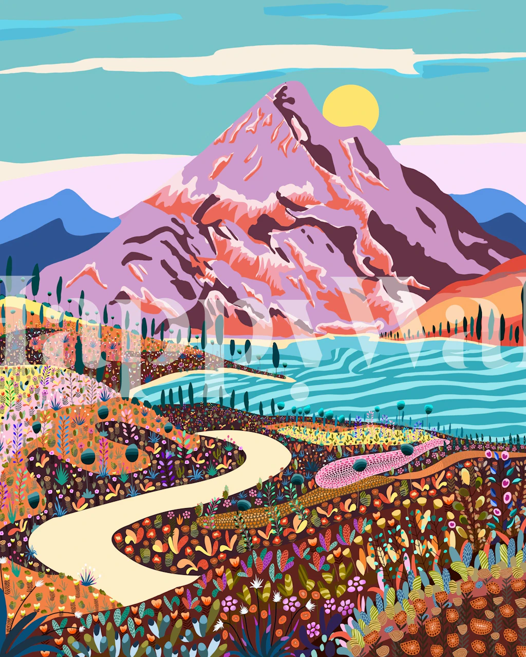 Alice In Wonder Valley wallpaper displayed in a room