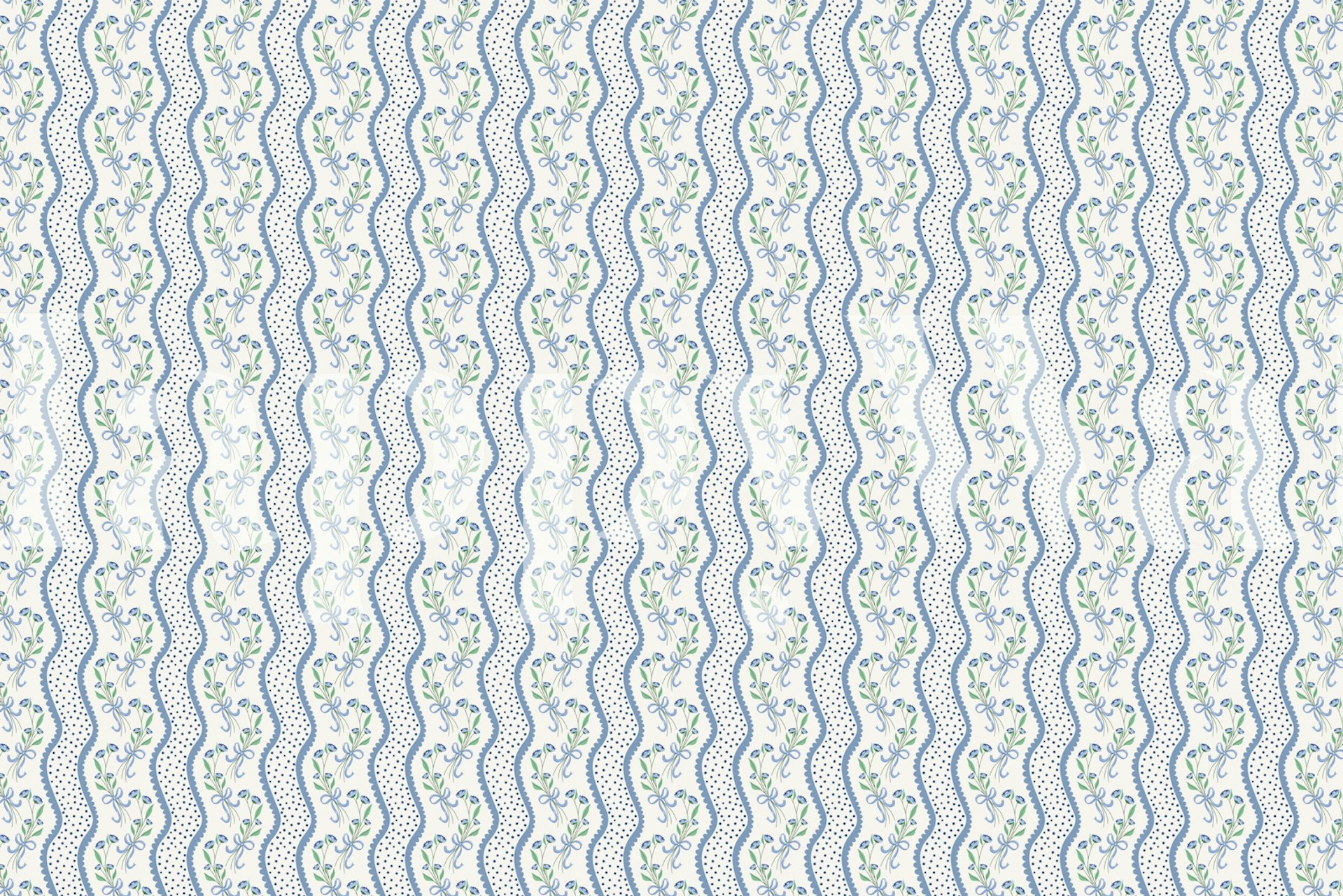 Blue striped floral wallpaper with delicate patterns and swirling lines