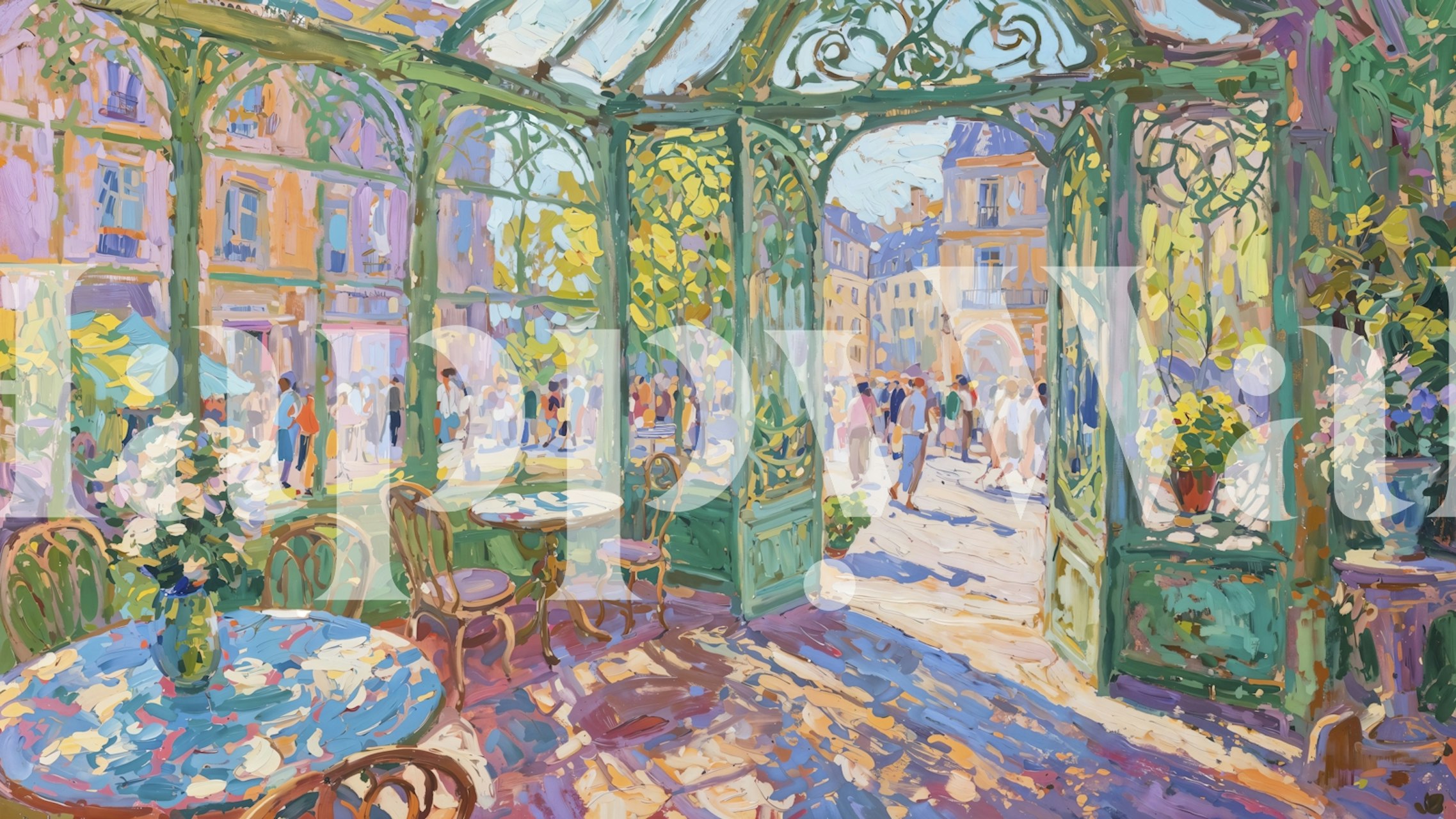 Pastellfarbene Darstellung einer Café-Szene mit Blumen, bunt bekleideten Menschen und grünem Rahmen. Wallpaper