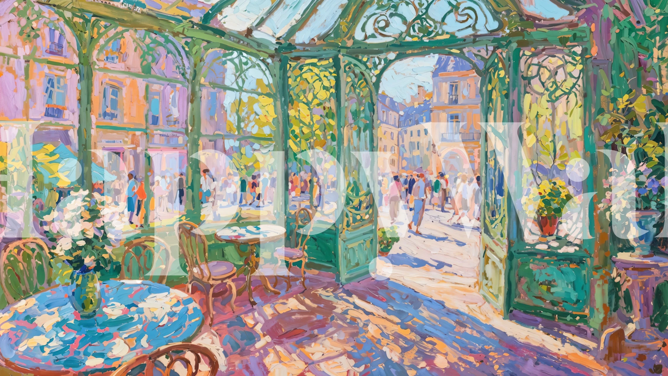 Papel de parede apresentando um Sunlit Parisian Cafe