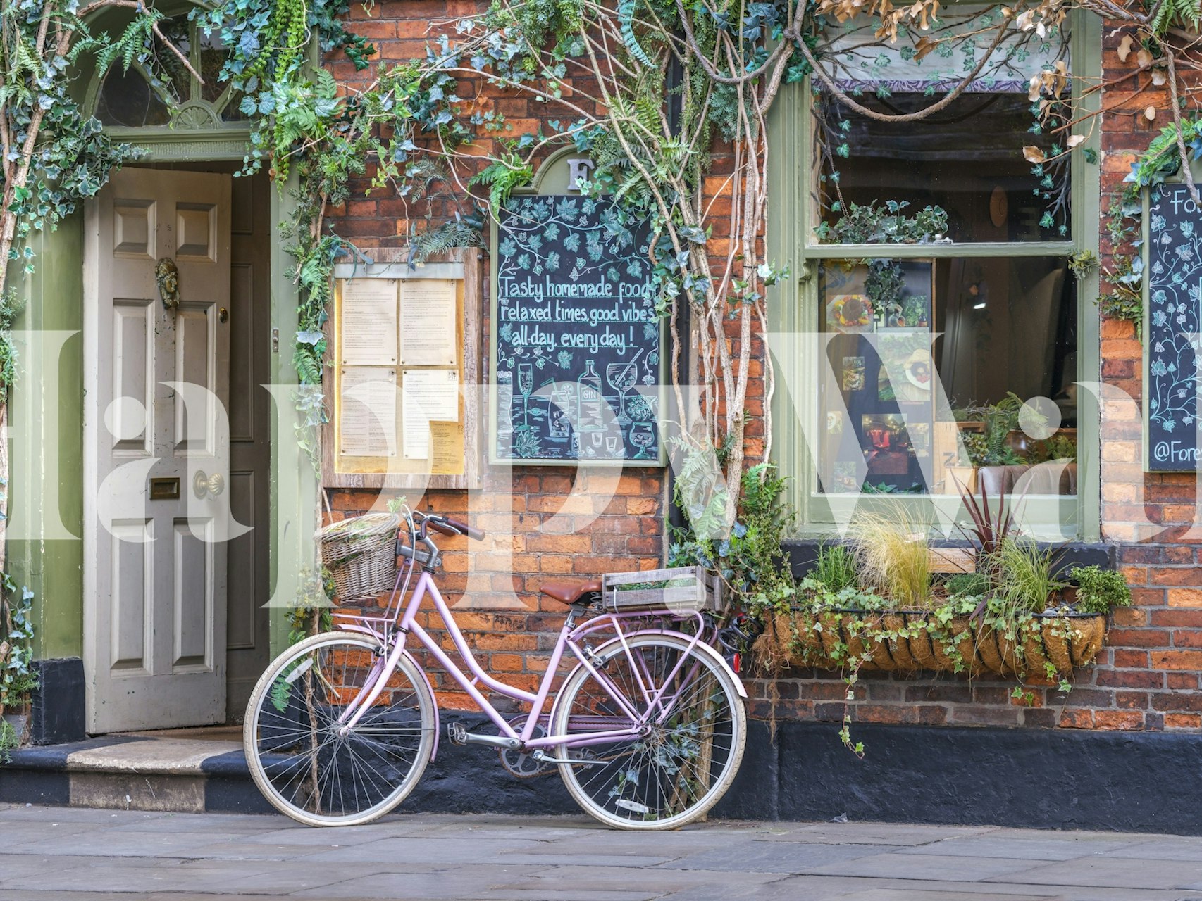 Cozy cafe wallpaper with pink bicycle