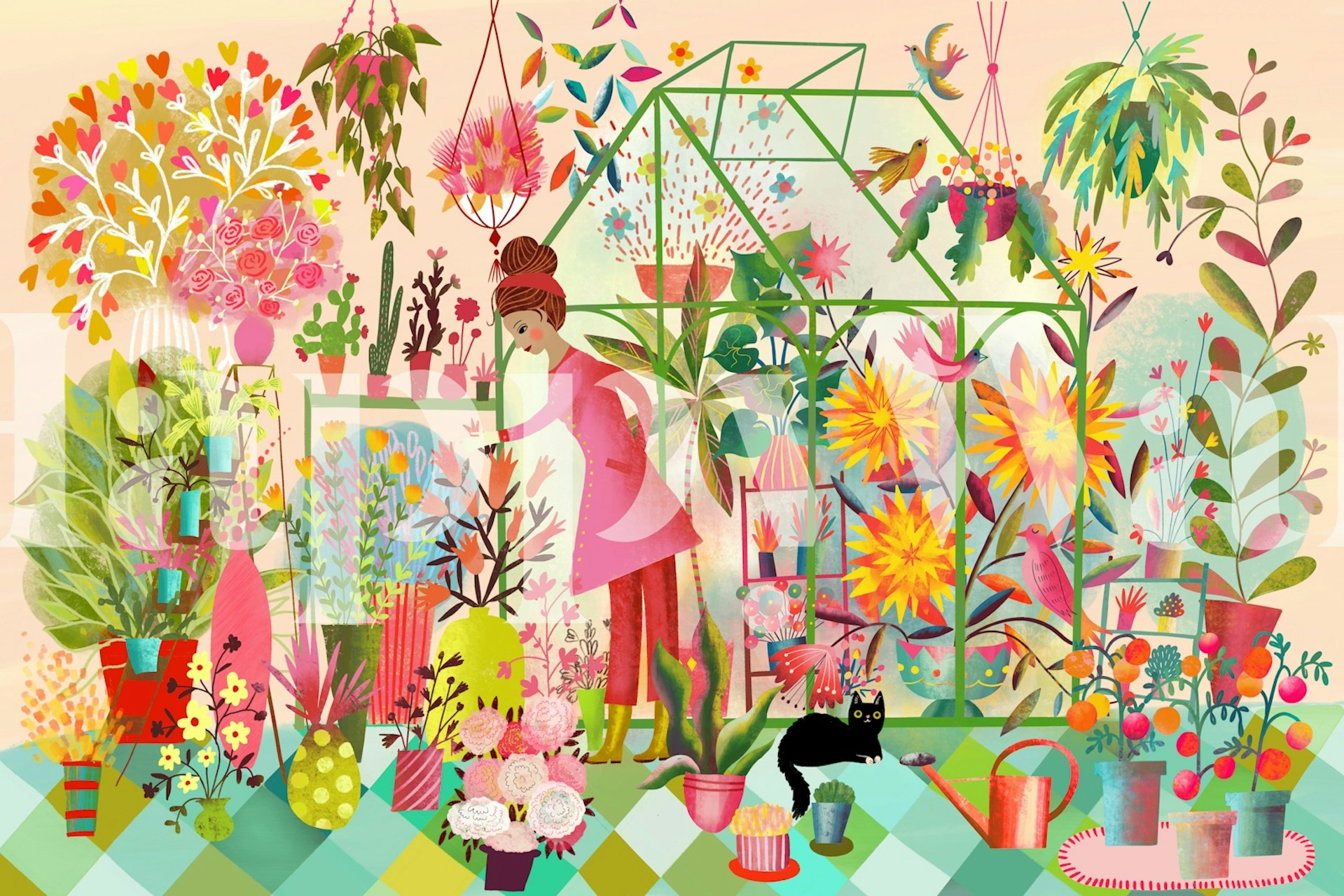 Floral greenhouse scene with colorful plants and gardening woman wallpaper
