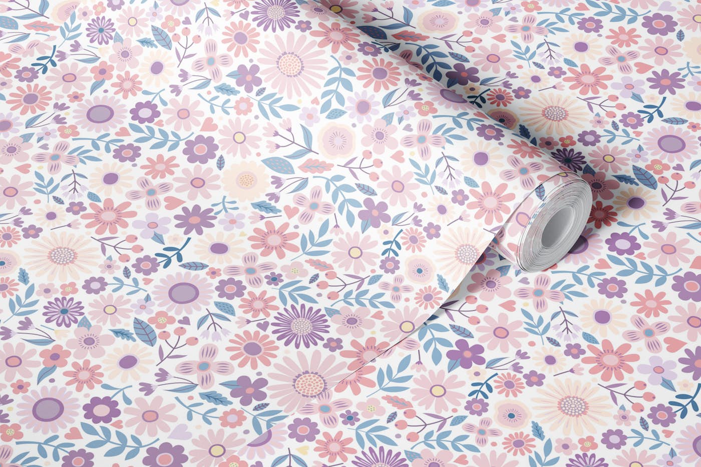 Daisy Ditsy - Lilac and Pink on White - Small wallpaper roll