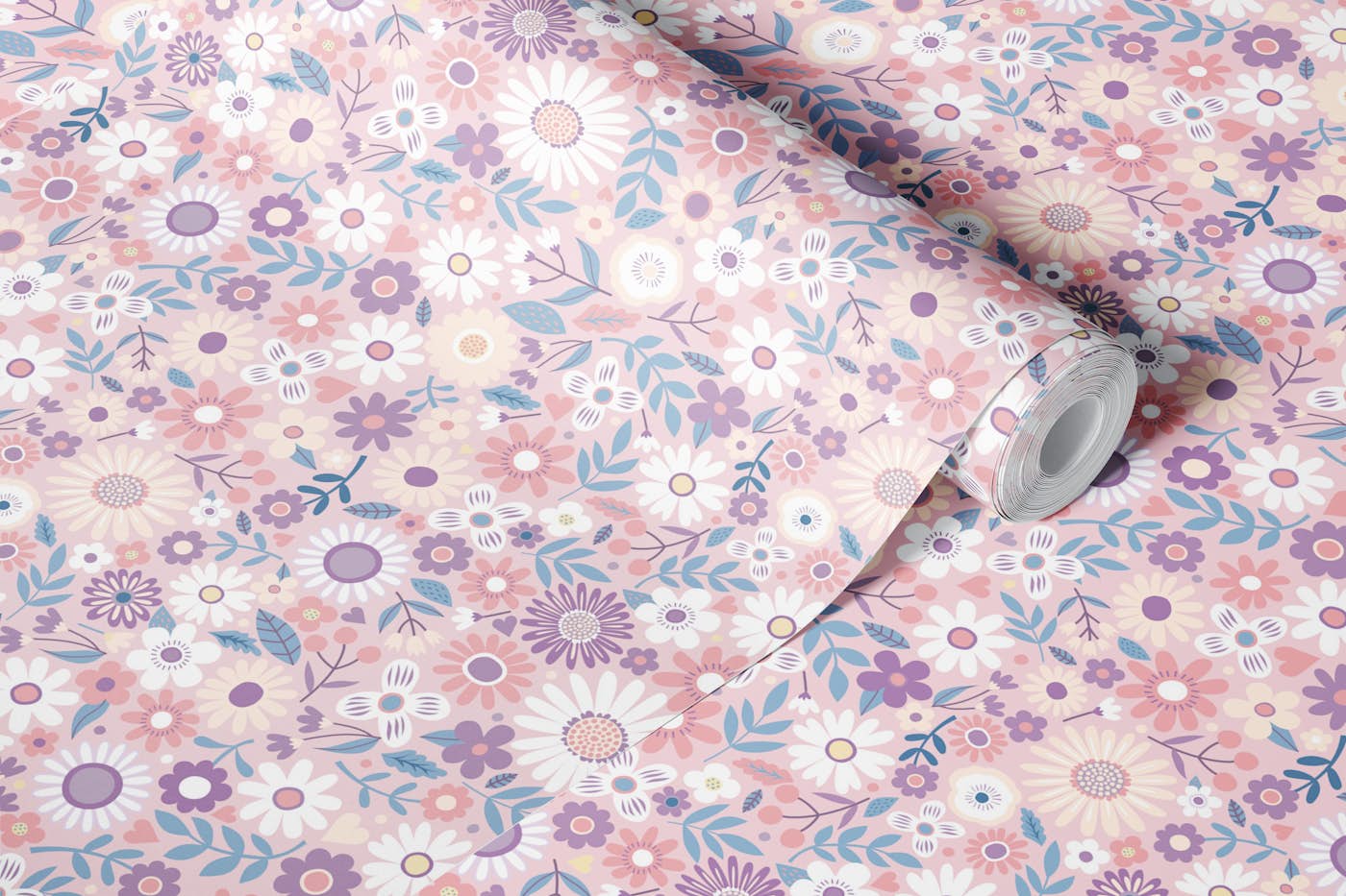Daisy Ditsy - white and lilac on pink - small wallpaper roll