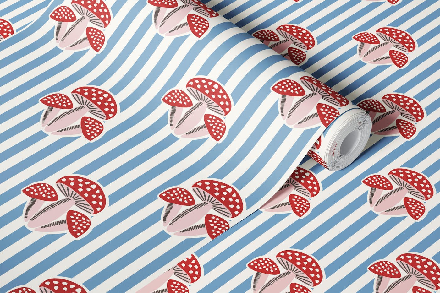 Mushrooms on blue and white stripes wallpaper roll