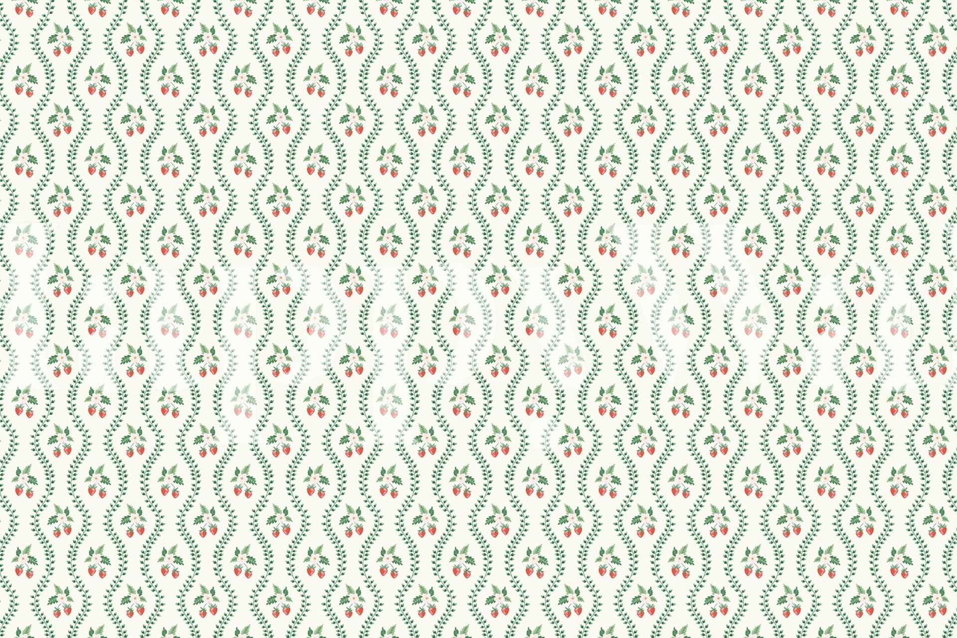 Strawberry floral pattern with pink flowers and green leaves wallpaper