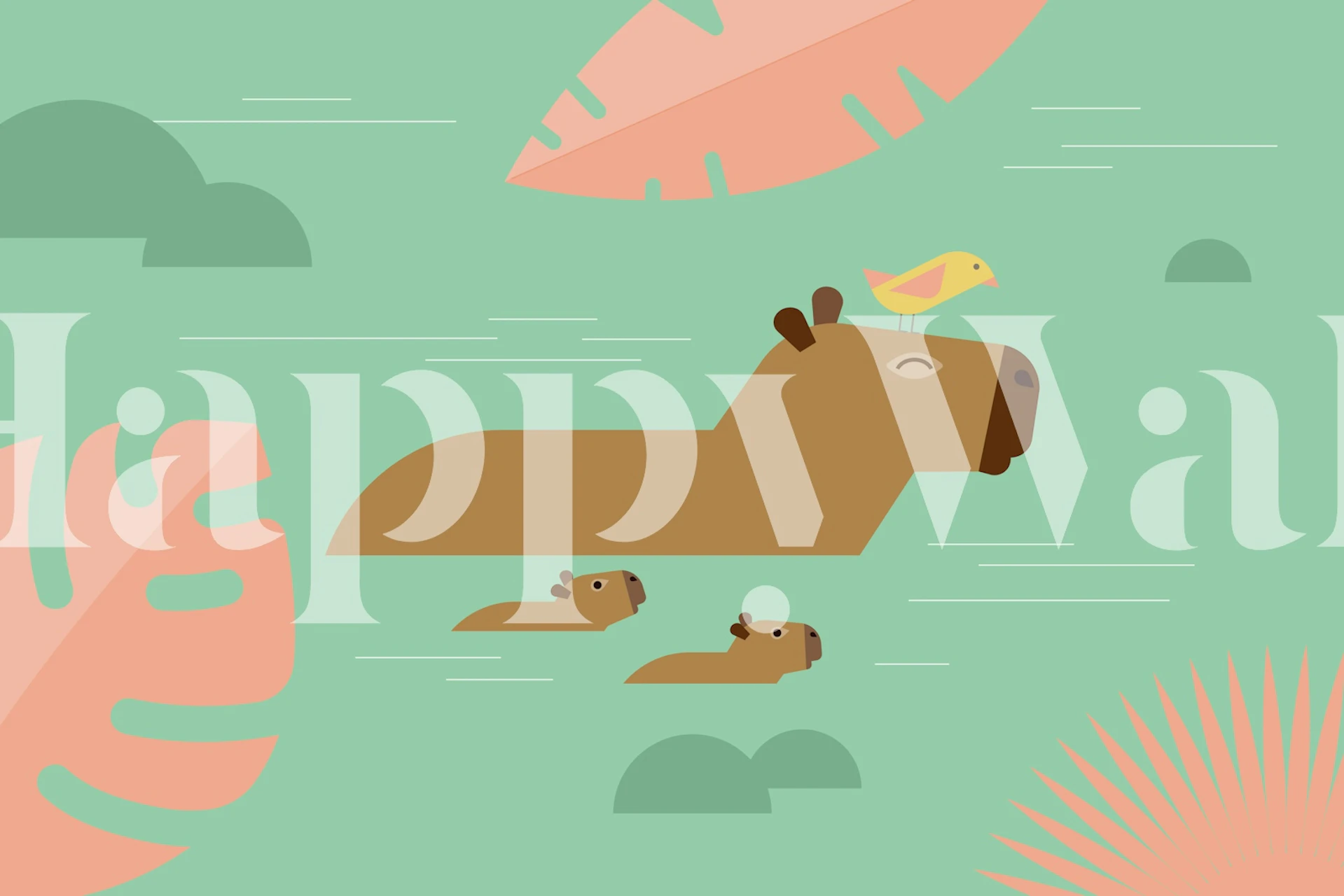 Capybara family with a bird on a pastel green background, tropical leaves wallpaper