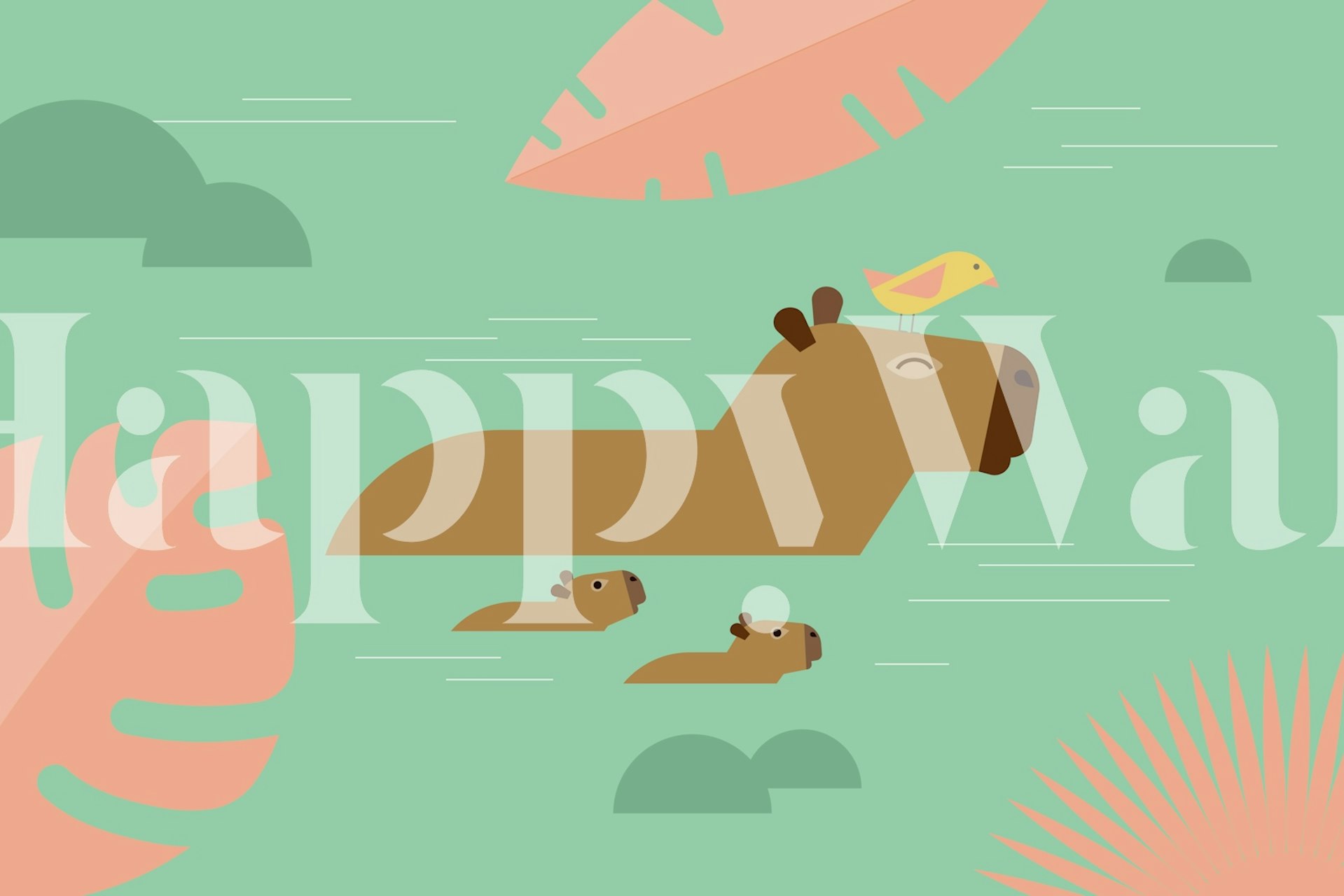 Capybara family with a bird on a pastel green background, tropical leaves wallpaper