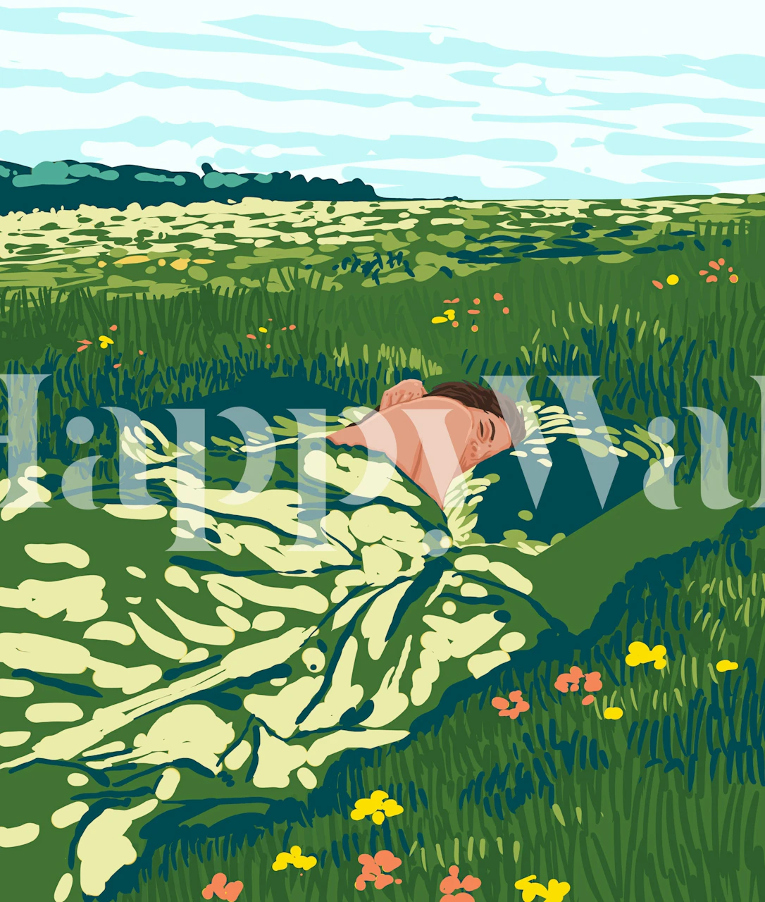 Wallpaper design featuring a person napping in a field