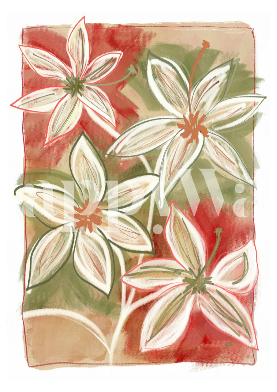 Floral design with white flowers and green, red background wallpaper