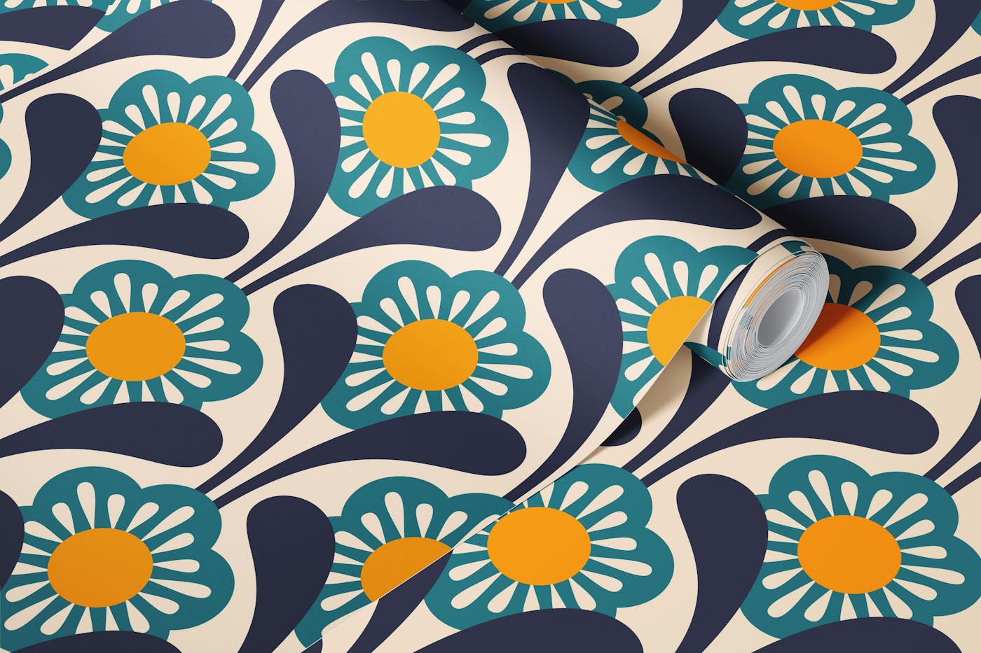 Mid-Century Flower Power in Green Yellow - S wallpaper roll