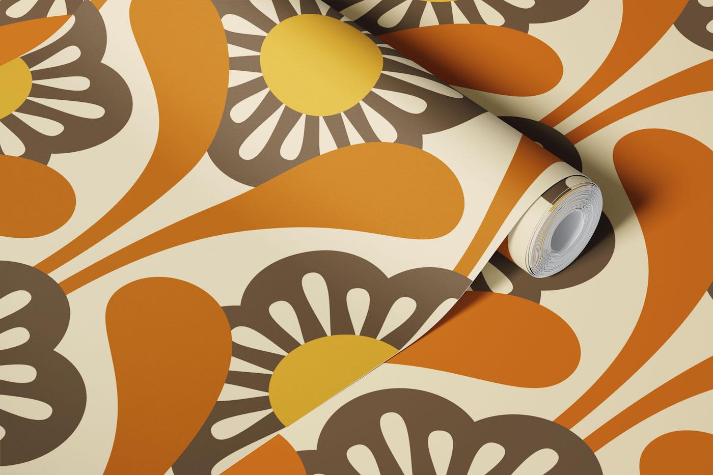 Mid-Century Flower Power in Orange Brown - L wallpaper roll