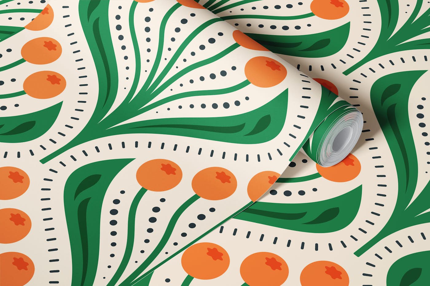 Vintage Berry Delight in Green Orange - L wallpaper roll
