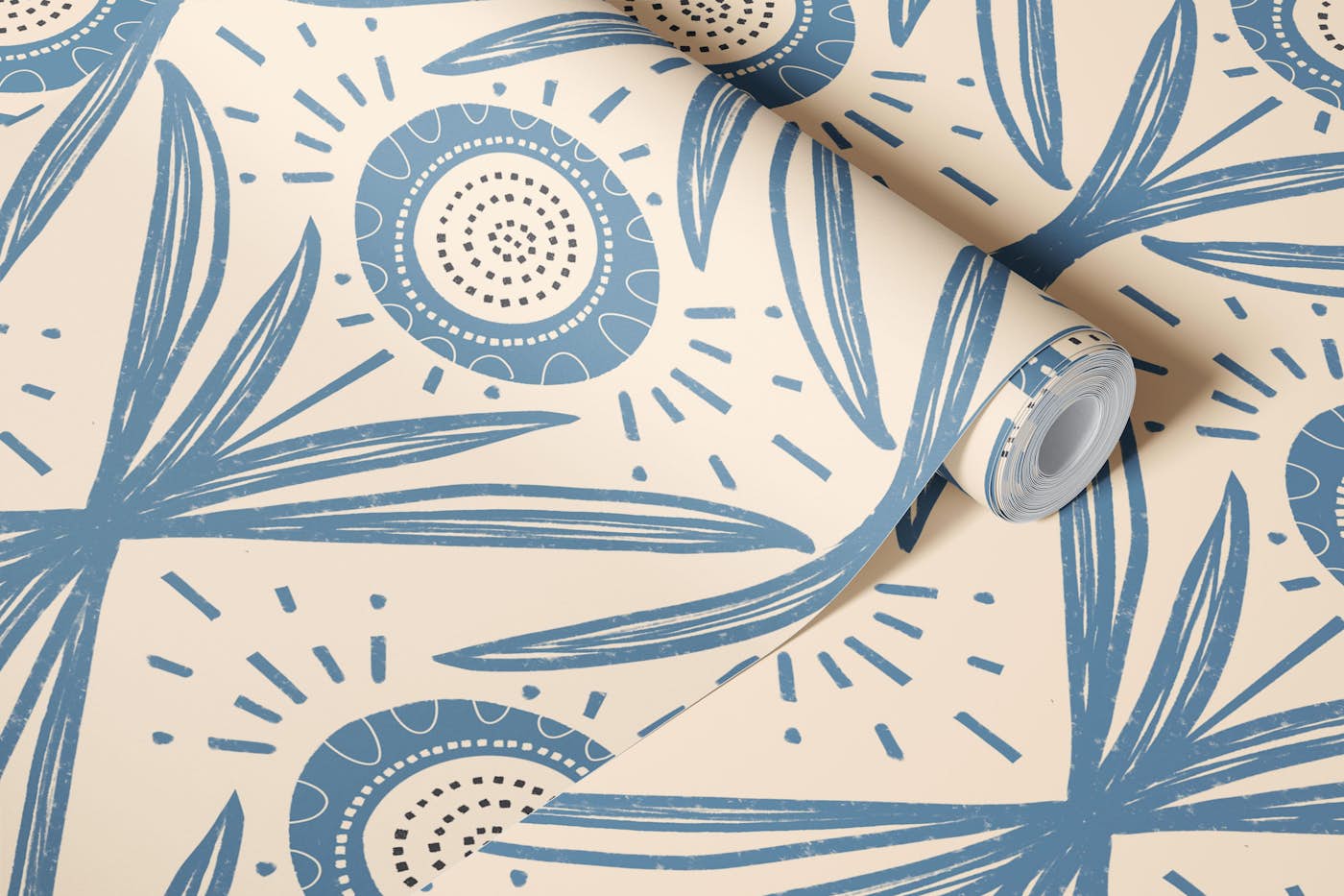 Folk Bloom Blue Charcoal Retro Floral wallpaper roll