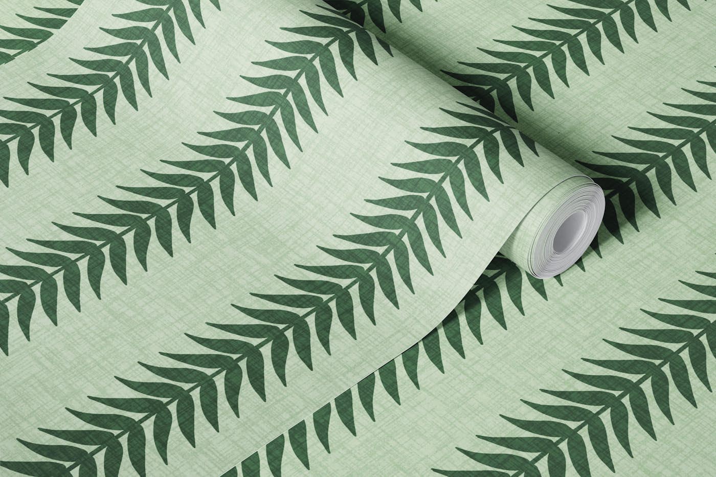 Moss Green Fern Leaf Stripe on Linen wallpaper roll
