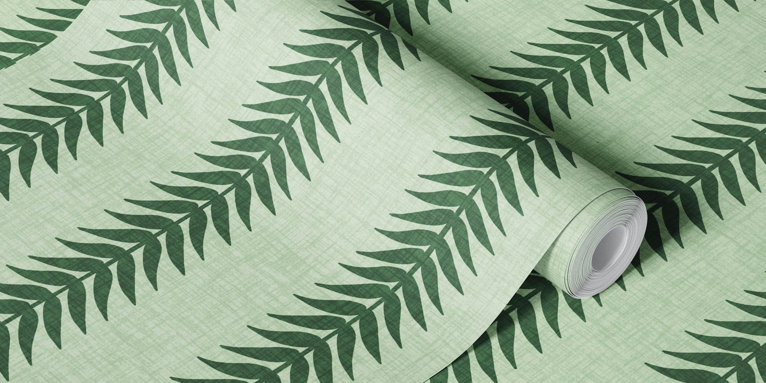 Moss green fern leaf stripe wallpaper in a room