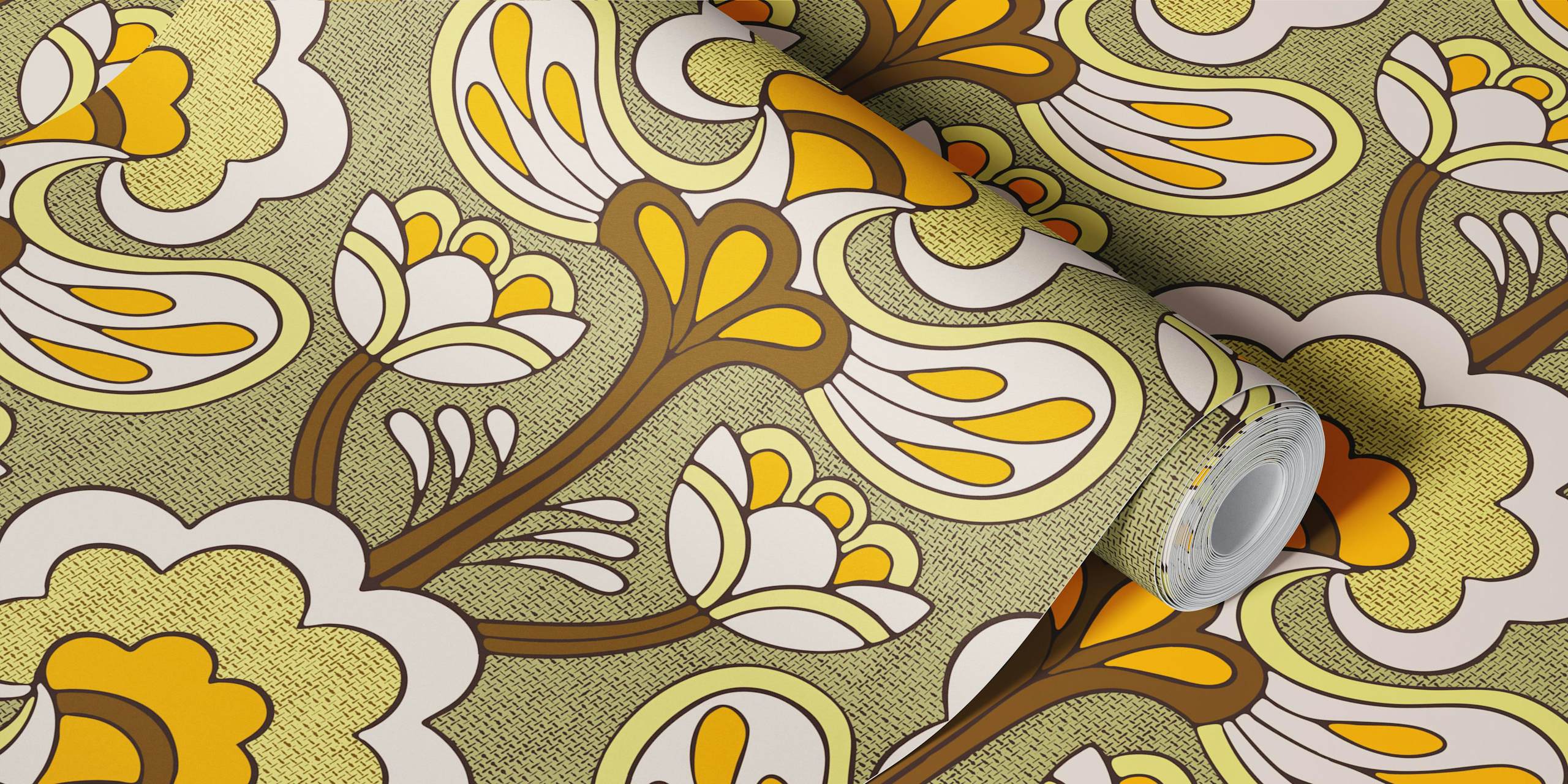 Retro Bloom Rhapsody ochre yellow papel de parede floral