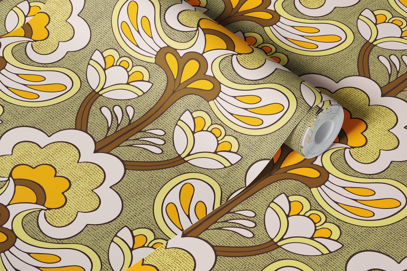 Retro Bloom Rhapsody ochre yellow wallpaper roll