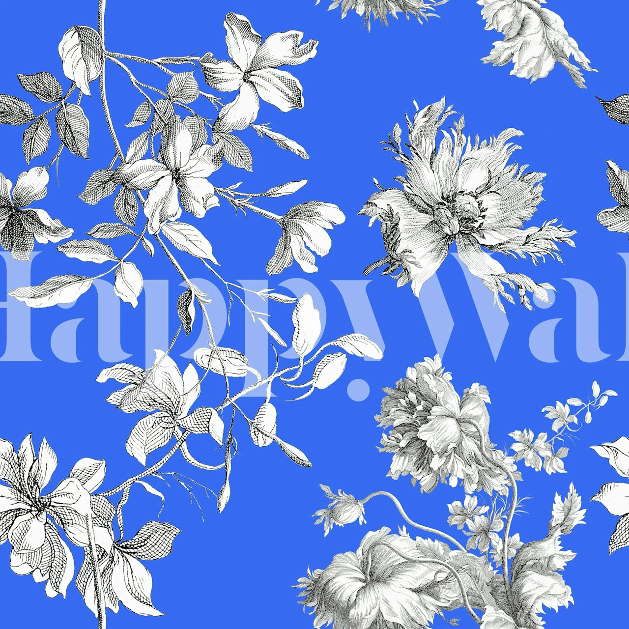 Blue floral vintage wallpaper with white outlines of flowers and leaves
