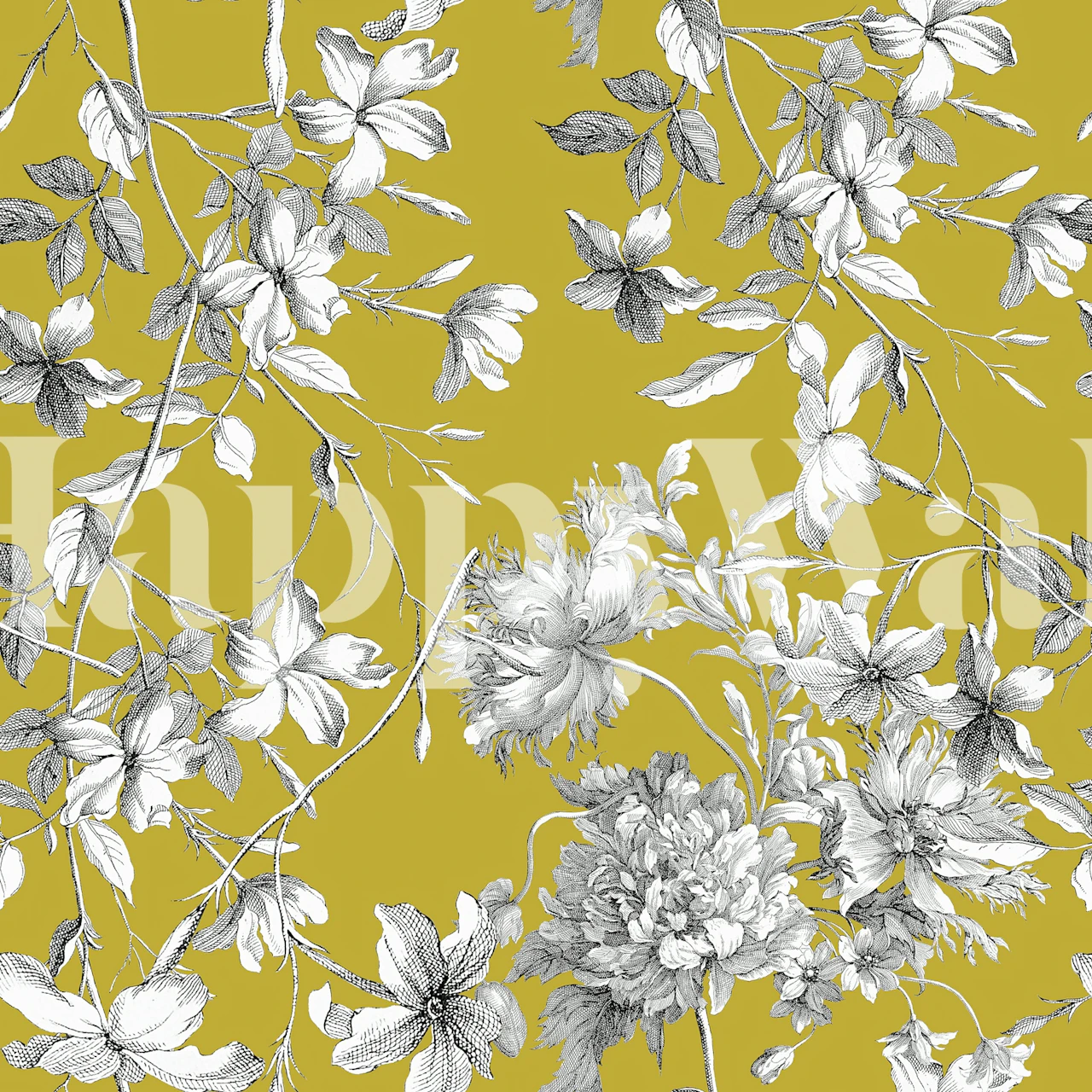 Black and white floral design with a yellow background wallpaper