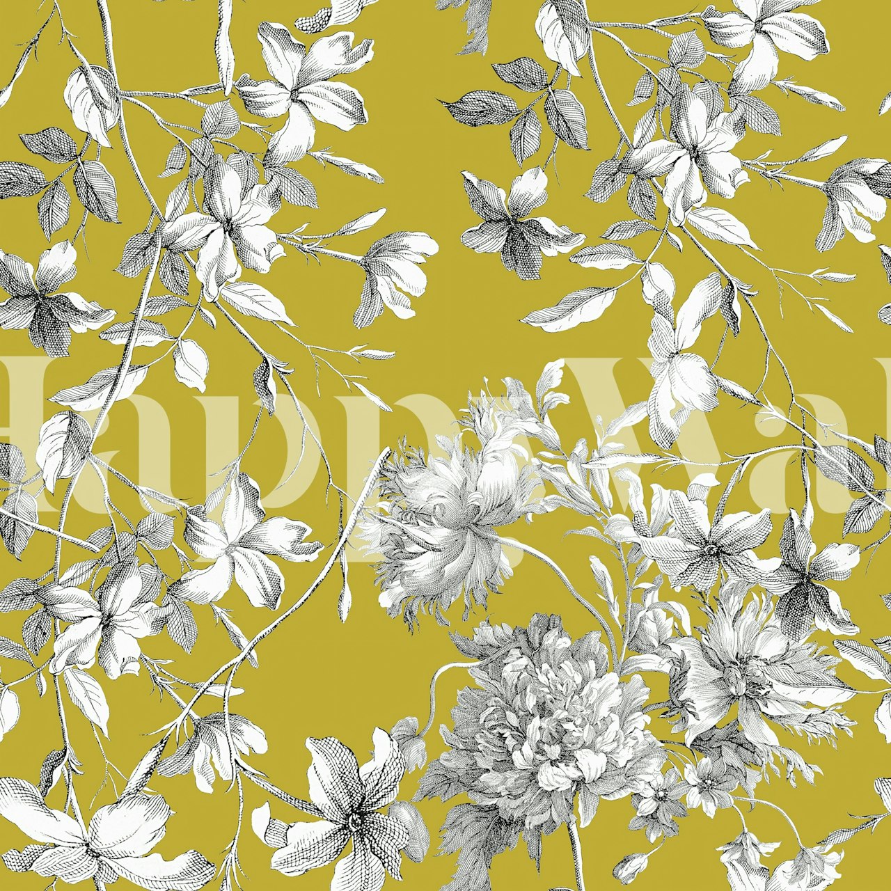 Black and white floral design with a yellow background wallpaper