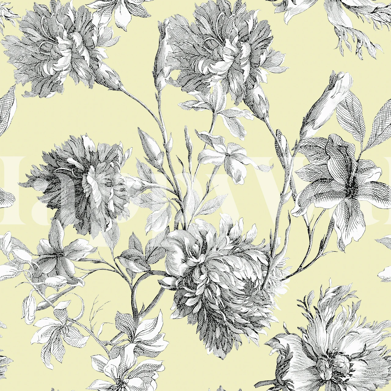 Intricate floral patterns in black and white on yellow background wallpaper