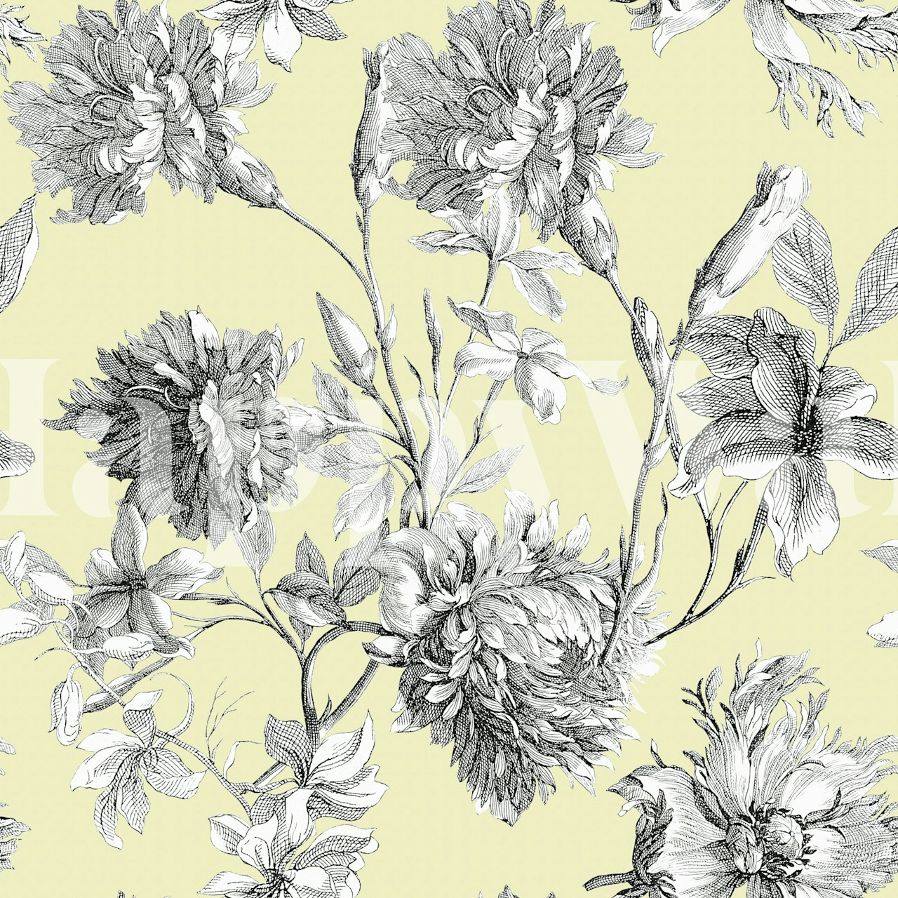 Intricate floral patterns in black and white on yellow background wallpaper