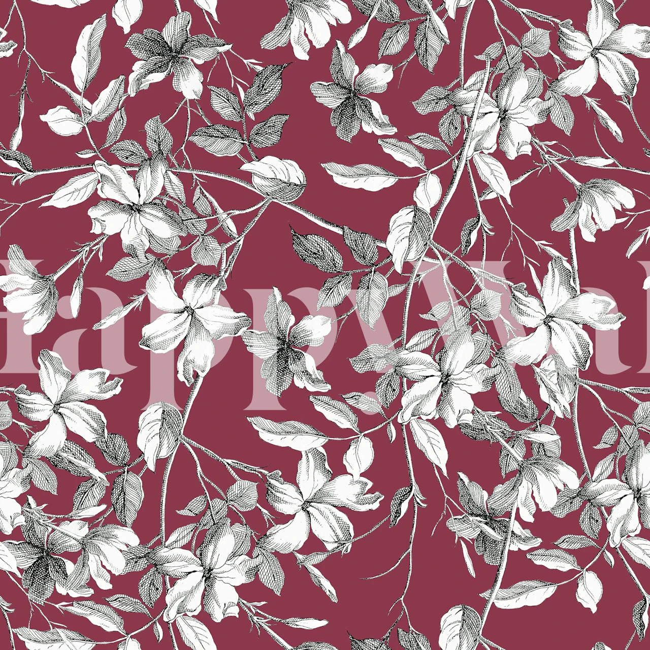 White flowers and leaves on a crimson background floral wallpaper