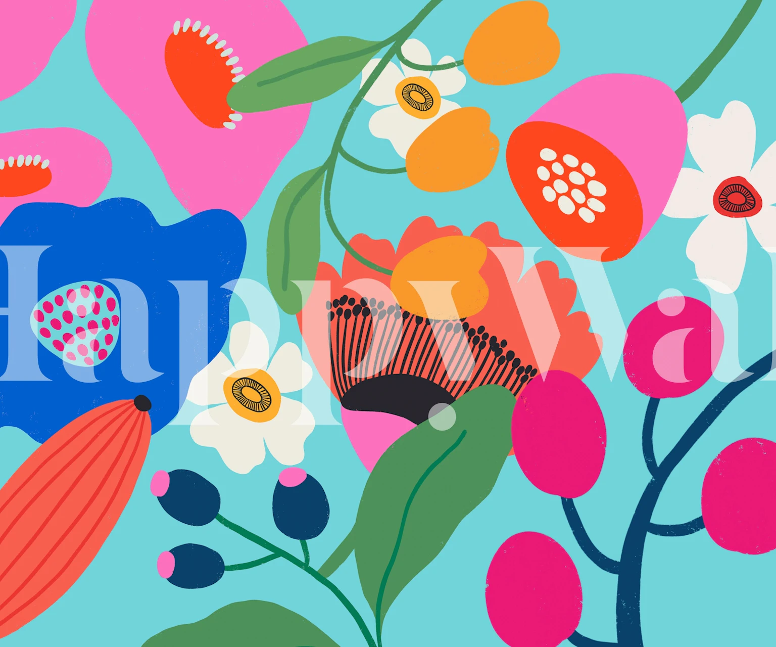 Colorful floral design with pink, blue, and yellow flowers wallpaper