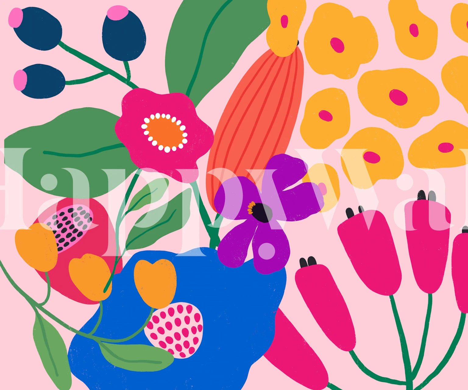 Colorful flowers and leaves in bright pink, blue, and yellow wallpaper