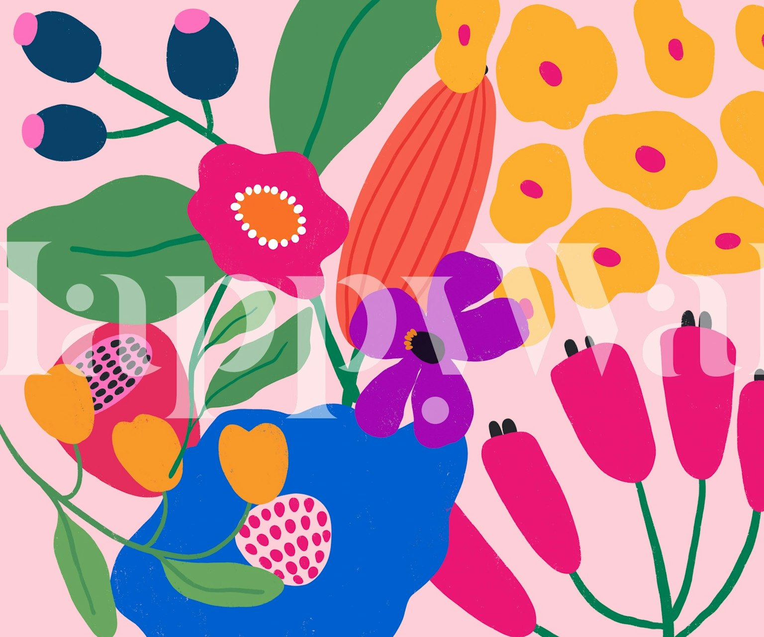Colorful flowers and leaves in bright pink, blue, and yellow wallpaper