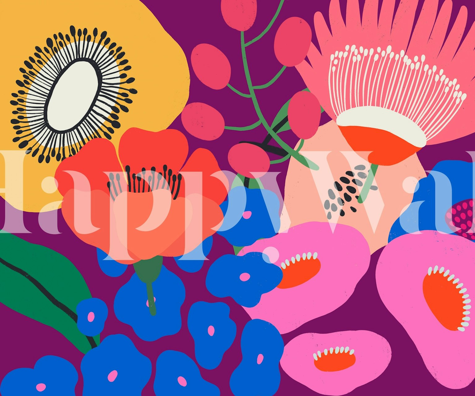 Colorful floral patterns in red, pink, yellow, and blue wallpaper