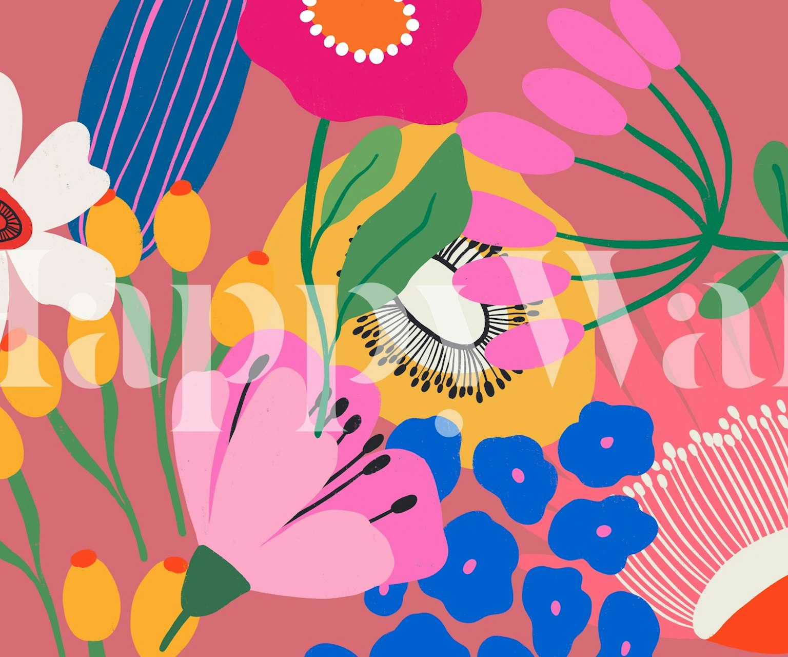 Colorful floral design with pink, blue, and yellow flowers wallpaper