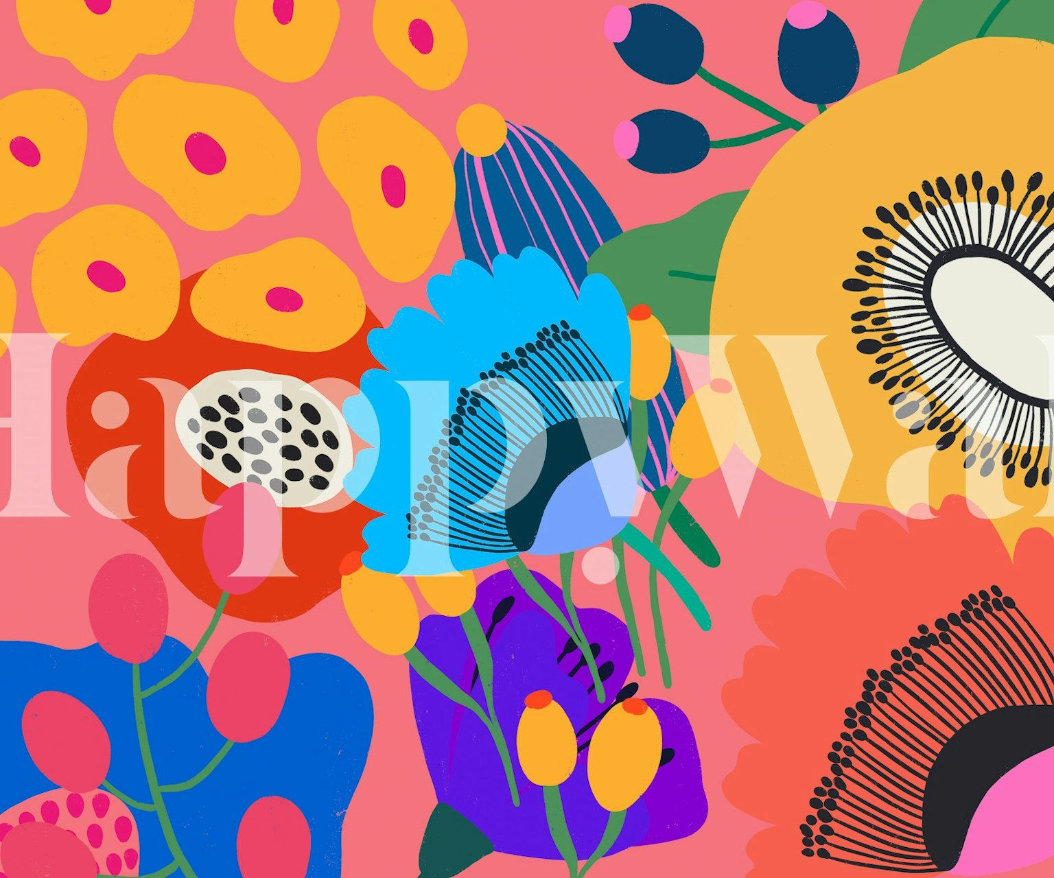 Colorful flowers in blue, pink, orange on pink wallpaper