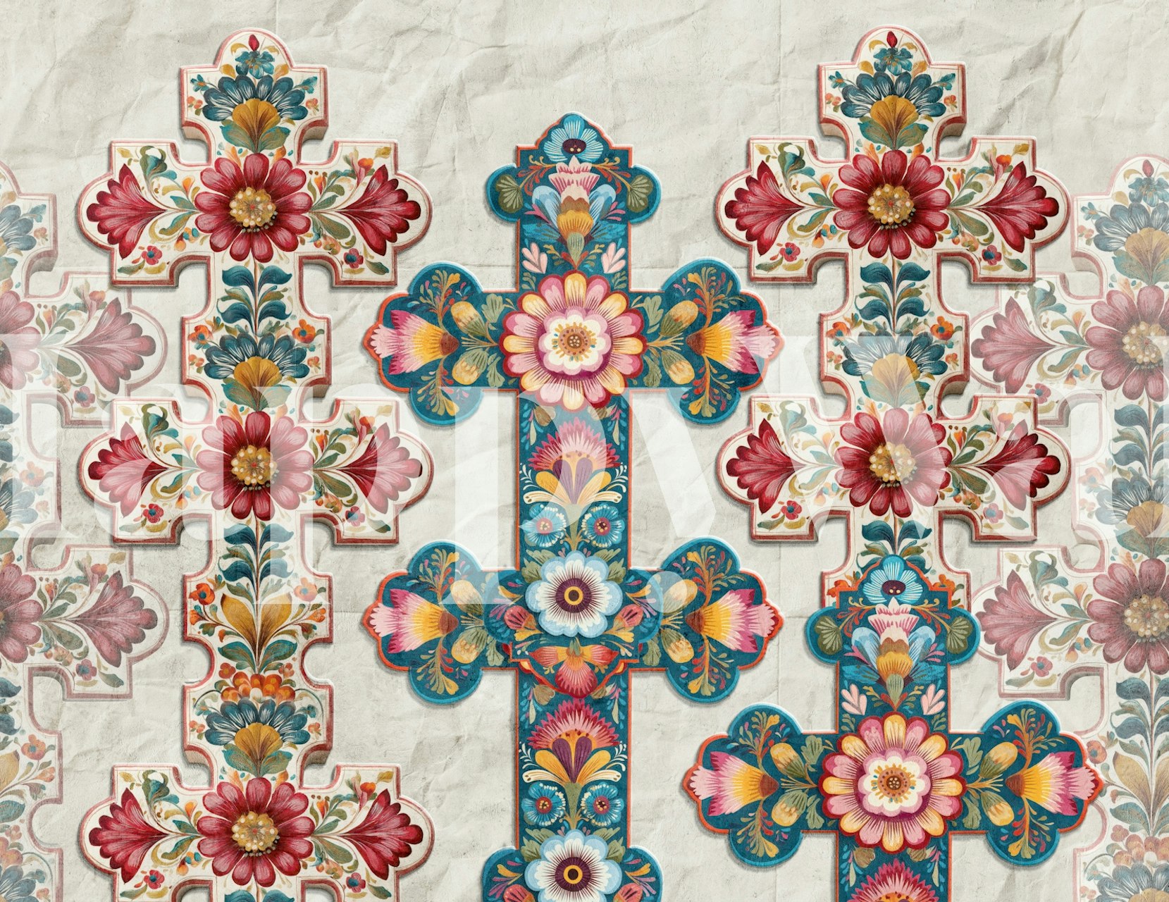 Intricate floral folklore crosses wallpaper in a room