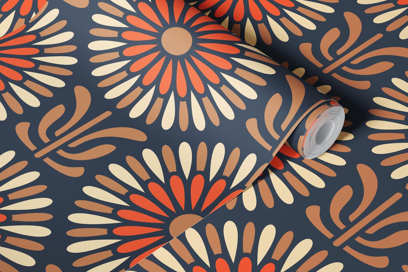 Retro Floral Burst Delight in Brown Red - L wallpaper roll